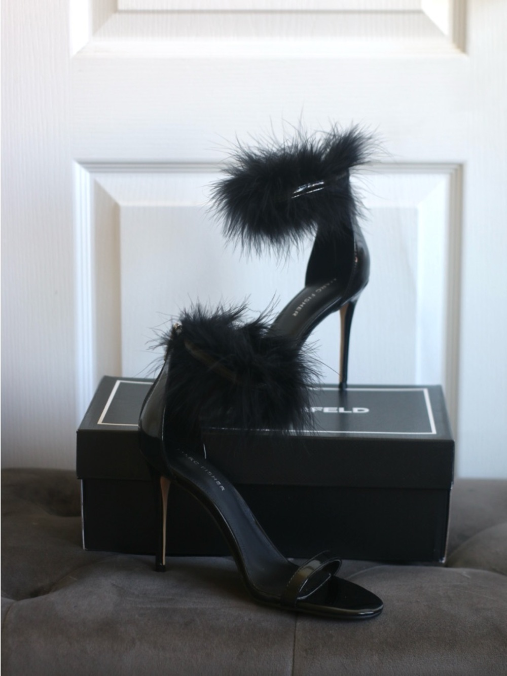 LAST CALL ❗️Marc Fisher Black Feather Ankle-Strap Stiletto Sandals (NWOT)